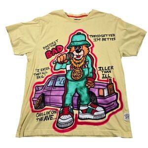 Hustle Gang Mens Graphic T-Shirt 2XL Yellow Hip Hop Bear Streetwear